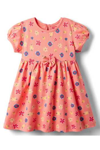 Babyhug Single Jersey Floral Printed Frock with Bloomer and Bow Applique - Orange
