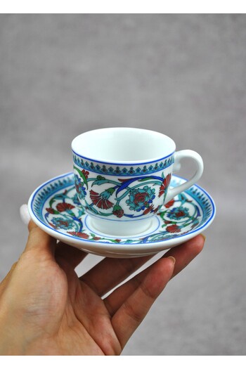 Qualitev 2-Person 4-Piece Tile Motif Porcelain Tulip Ottoman Turkish Coffee Cup Set-Ottoman