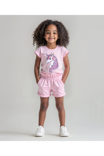 Bonfino Unicorn Printed T-Shirt & Shorts Set - Pink