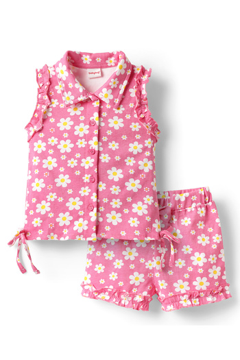 Babyhug Single Jersey Top and Short Co-Ord Set with Floral Print - Pink