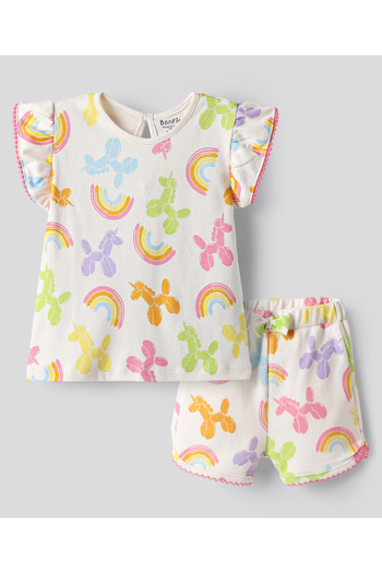 Bonfino 100% Cotton Unicorns and Balloons with Rainbows Printed T-Shirt and Shorts Set - Multicolor
