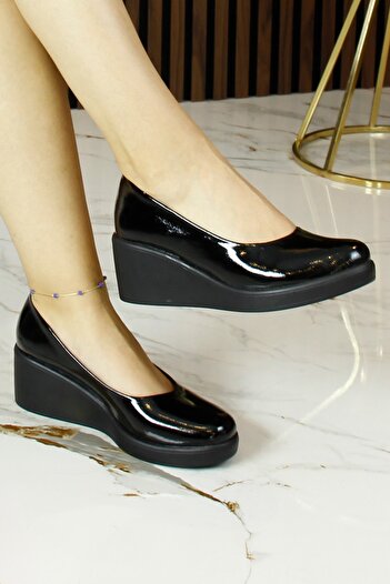 Erkan Saçmacı Mabel Black Patent Leather Genuine Calf Leather Wedge Heeled Casual Shoes
