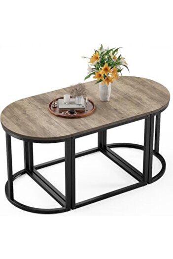 AGD Oval Coffee Table Set of 3 Pieces, Center Table with Two Side Tables