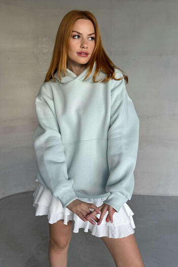 Cappmoda Swt-20311 Water Green Hooded Three Thread Raised Fabric Sweatshirt