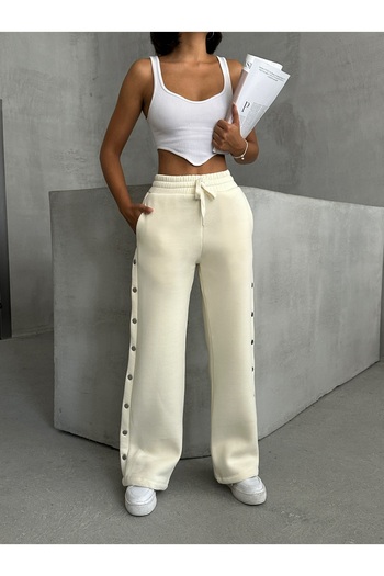 Cappmoda Eşf-09086 Ecru Snap Fastener Three Drawstring Hooded Waist Elastic Palazzo Tracksuit