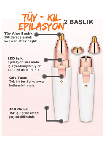 Teknoşık Çift Başlıklı Şarjlı Kaş Bıyık Alma Epilatörü Yüz Bölgesi İçin Tüy Temizleme Aleti