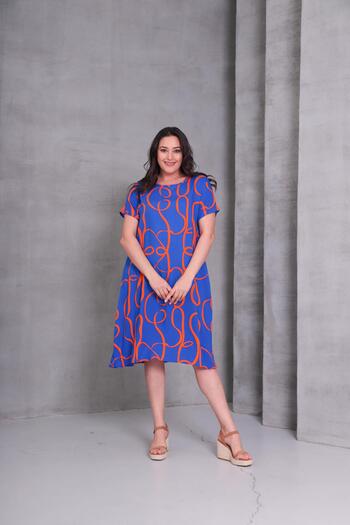 Ebsumu Women's Plus Size Geometric Pattern Woven Blue-Orange Dress