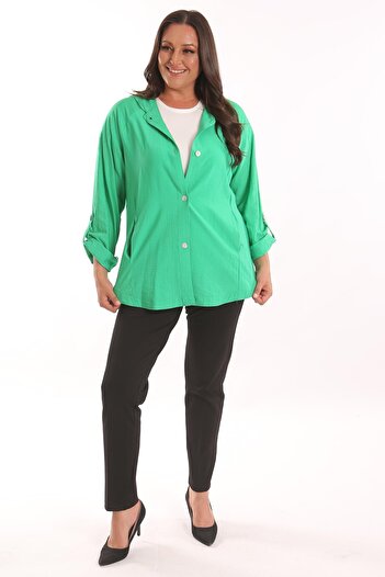 Metpoint Trend42Plus Plus Size Green Trench Coat with Hood and Button Detail
