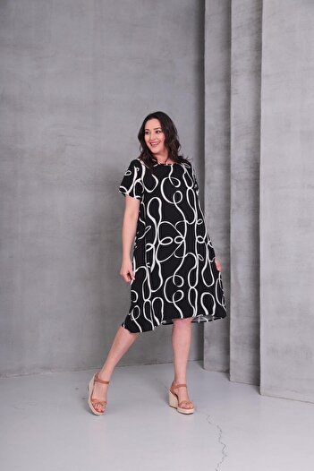 Ebsumu Women's Plus Size Geometric Pattern Woven Black-White Dress