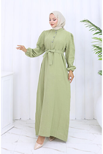 sefamerve Belted Dress with Elastic Sleeves 2112-04 Mildew Green