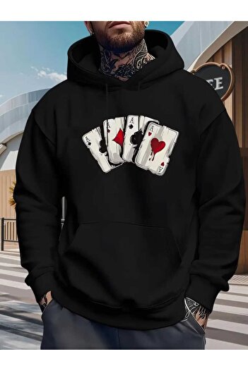 caddekombin Μπλουζάκι με κουκούλα με στάμπα Blackjack, βαμβακερό μαύρο φούτερ με τσέπες