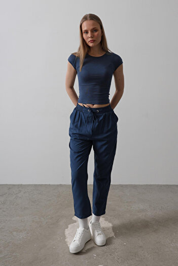 VAGGON Women's Indigo Double Pocket Elastic Waist Tie Detail Pants Vs00530