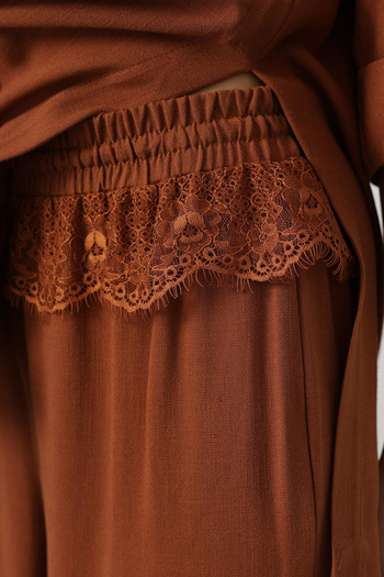 VAGGON Women's Brown Waist Lace Detailed Linen Trousers Vs00619