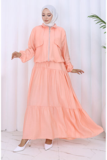 sefamerve Double Suit with Elastic Sleeves and Zipper 0129-02 Light Salmon
