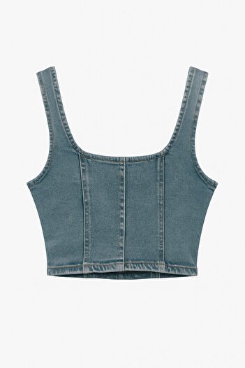 HAKKE Dikiş Detaylı Fitted/Vücuda Oturan Crop Denim Bluz