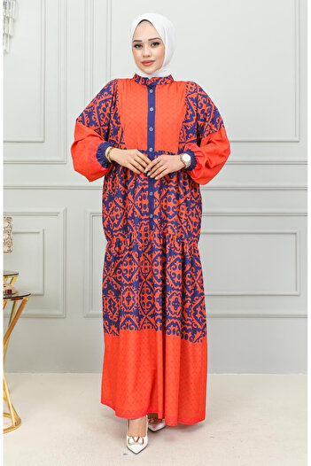 sefamerve Ethnic Patterned Hijab Dress 0302-03 Orange