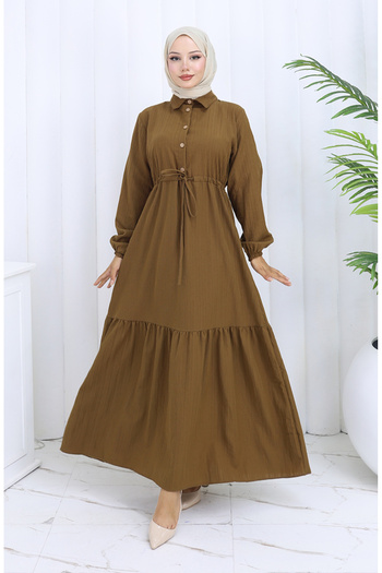 sefamerve Button Dress with Tie-Up at the Waist 0127-02 Brown
