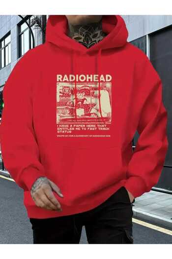caddekombin Radiohead Cover Printed Hooded Pocket Red Sweatshirt with Wool Inside