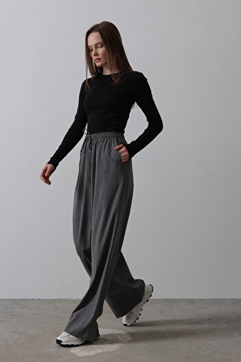 VAGGON Women's Anthracite Elastic Waist Wide Leg Trousers Vs00536