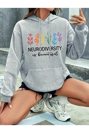 caddekombin Hanorac gri din bumbac cu buzunar și imprimeu Neurodiversity