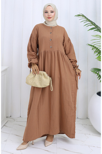 sefamerve Button Dress with Elasticated Sleeves 2111-04 Milky Coffee