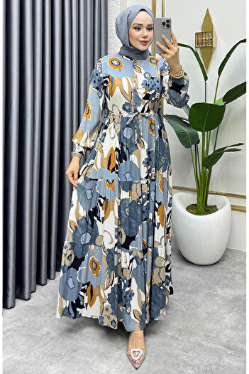 sefamerve Flora Patterned Viscose Dress 7129-01 Anthracite