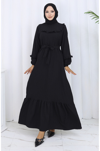 sefamerve Ruffle Collar Belted Dress 2123-01 Black