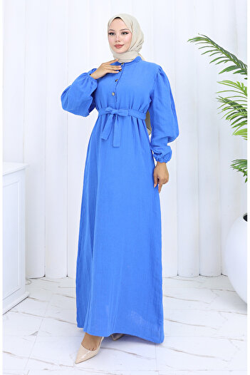 sefamerve Belted Dress with Elastic Sleeves 2112-05 Blue