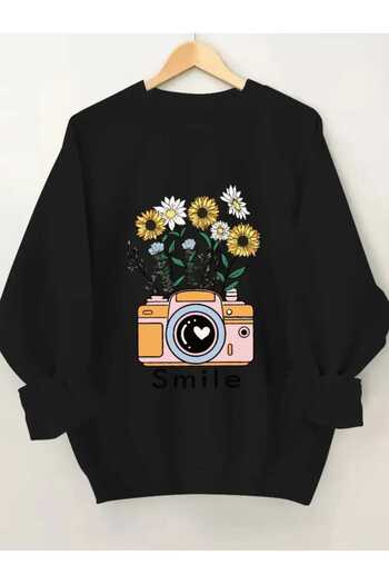 caddekombin Smile Çiçek Hoodie Baskılı Bisiklet Yaka Siyah Sweatshirt