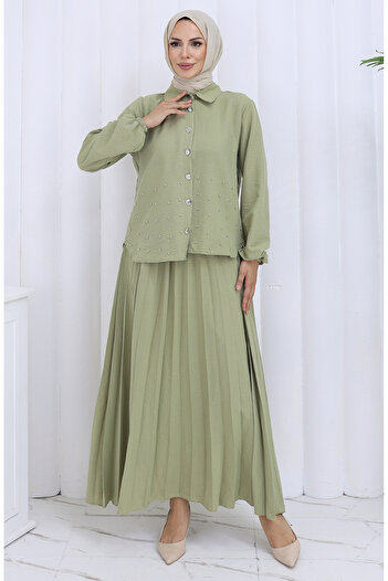 sefamerve Stoned Buttoned Tunic Skirt Double Set 2115-07 Mildew Green