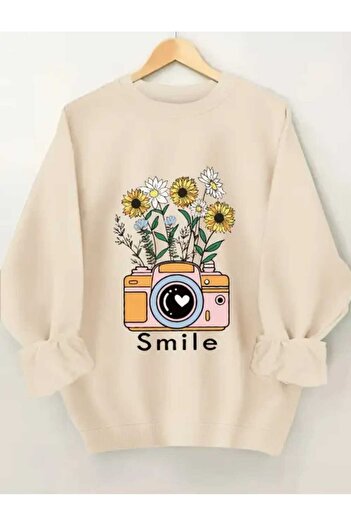 caddekombin Hanorac Smile Flower cu imprimeu, cu gâtul rotund, bej