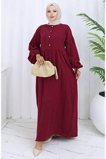 sefamerve Button Dress with Elasticated Sleeve 2111-05 Cherry