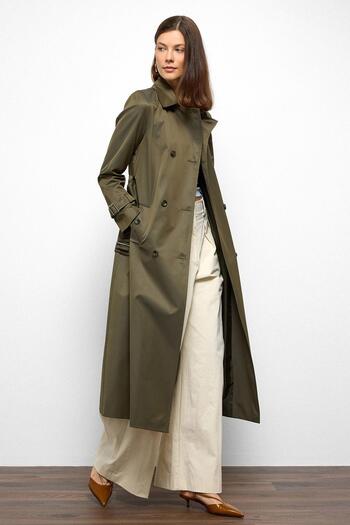Olcay Double Breasted Shirt Collar Shoulder Belt Accessories Water Repellent Trench Coat A.Khaki 6763