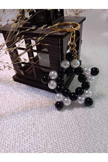 MODA MANANI 10 Pieces Black and White Pearl Star Design Long Gold Colored Chain Keychain