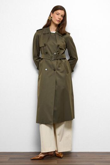 Olcay Reglan Sleeve Water Repellent Trench Coat with Epaulet and Cape Detail A.Haki 6766