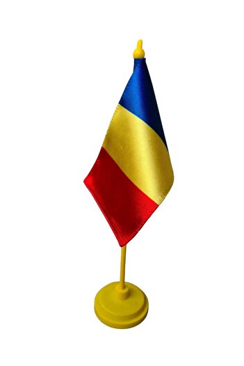 SDX Market Romania tricolor flag, Double Silk front, 10 cm x 15 cm, Yellow plastic desk stand, height 30 cm