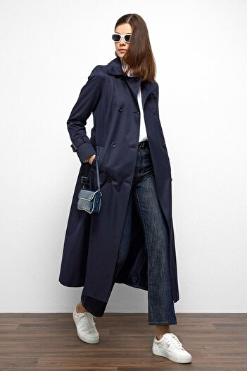 Olcay Zweireihiger Hemdkragen, schulterfreier Trenchcoat mit Gürtel, wasserabweisend, Zubehör, DUNKELBLAU 6763