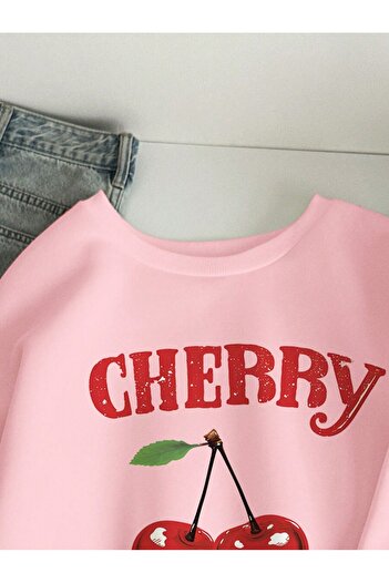 MOONBULL Kadın Cherry Kiraz Baskılı Oversize Bisiklet Yaka Sweatshirt