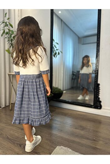Just Group Lacivert Ekoseli Fırfır Etek Detaylı Yakalı Kız Çocuk Elbise