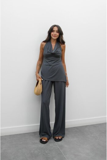 Havoş Anthracite Draped Blouse Trousers Modal Set