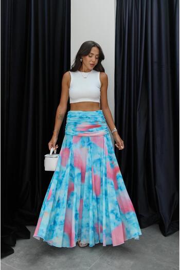 Havoş Blue Waist Draped Patterned Chiffon Skirt