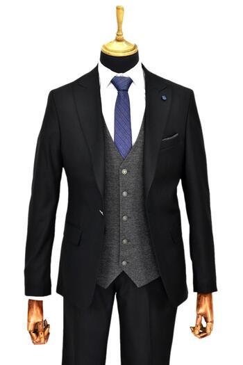 Suitmen Men's Black Double Slit Dobby Vest Combination 6 Drop Bgl-St04478