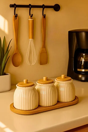 Woodcept Porcelain Daisy Model Wooden Vacuum Lid Tea, Sugar, Salt, Coffee Storage Jar Set with 3 Stands