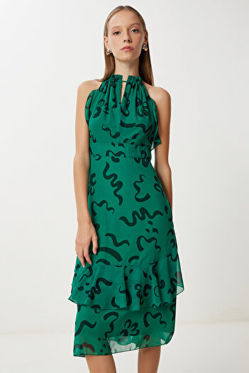 Lovelyİstanbul Rochie din șifon de vară cu volan cu model LFG0061 VERDE ÎNCHIS