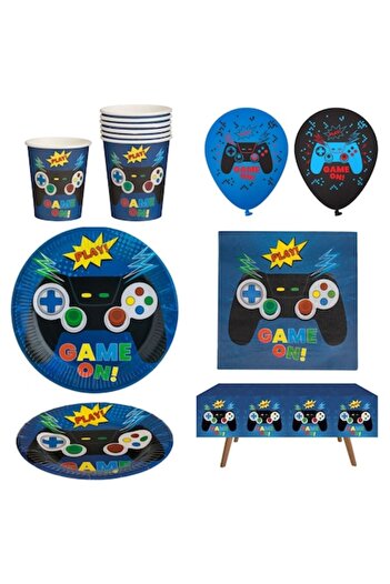 Fancy Game On Kids Party Accessories Set with plates, glasses, napkins, tablecloth, balloons, 41 pieces