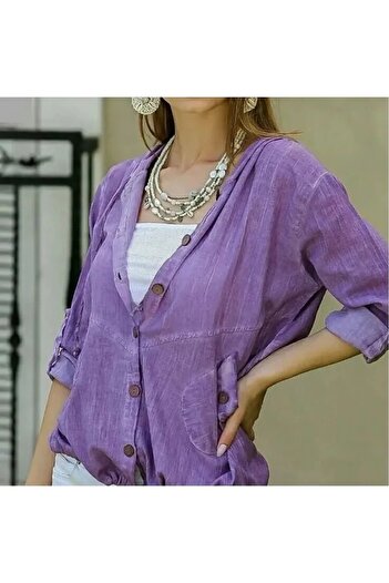 Hazinedan Women's Bohemian Cotton Hooded Foldable Buttoned Purple Shirt Jacket