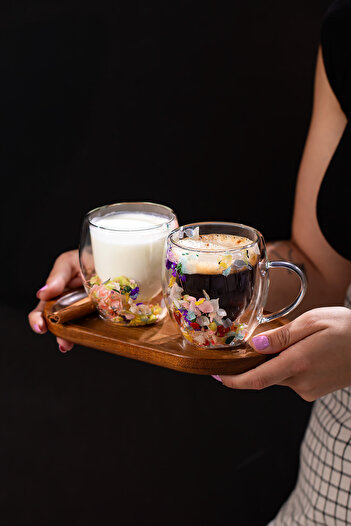 Porsima Leafy Double Wall Glass Tea Coffee Cup Heat Insulated Glass Cup with Handle 2 Pieces 250ml