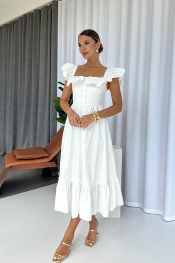 Mine Tan Butik Rochie lungă cu guler pătrat cu detaliu de volan - alb
