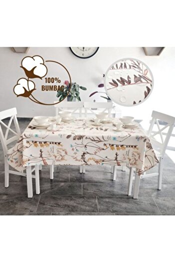 Ralex Anti-stain Tablecloth 100% Cotton, 180cm Diameter, Blue Brown Leaves