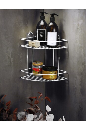 Sas Haus 2-Tier White Adhesive Bathroom Corner Shelf Organizer, Shampoo Holder, Stainless Metal Corner Shelf Shower Shelf